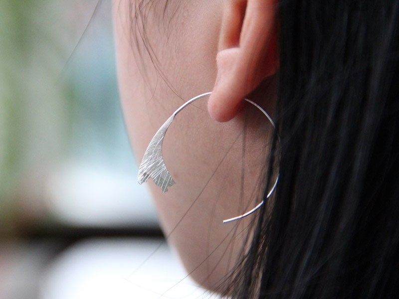 Set 1/ 3 pcs Ginko Leaf Silver Hammered Earrings -Textured Hoop line Finished