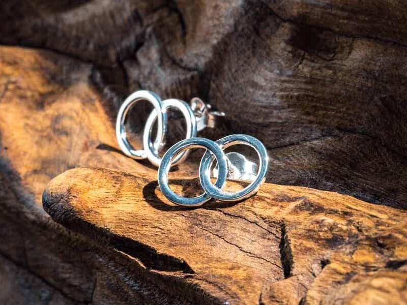 Set 1/ 3 pcs Round Double Silver Earring - Double Circle Studs Hammered Chanel