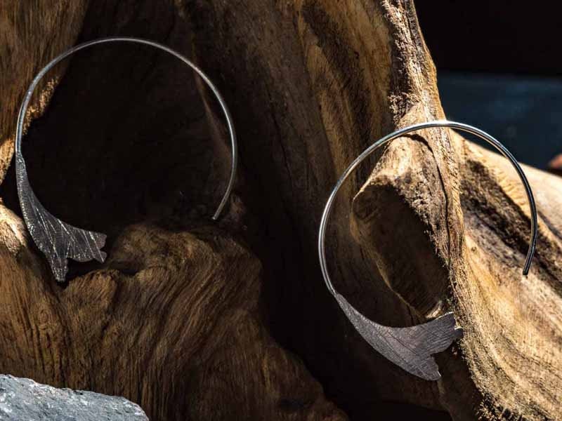 Set 1/ 3 pcs Ginko Leaf Silver Hammered Earrings -Textured Hoop line Finished