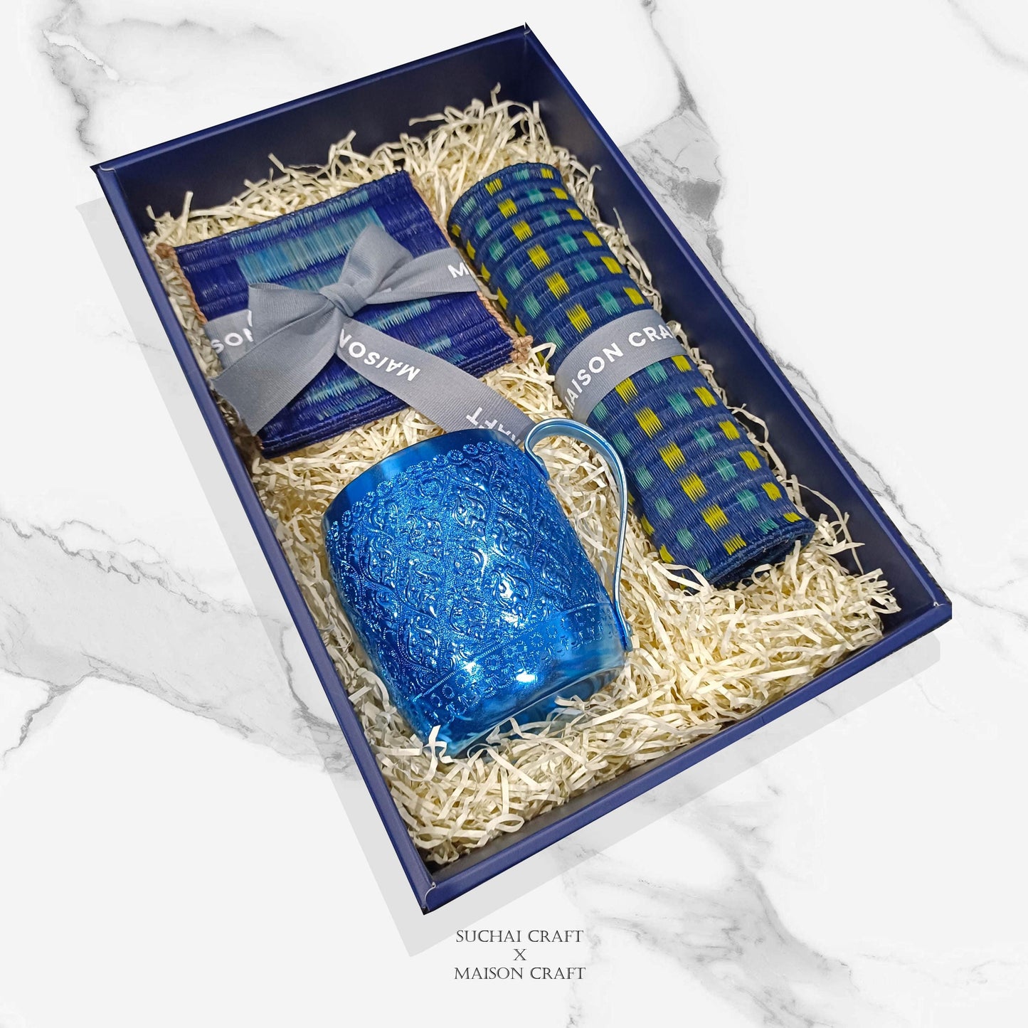 Gift set of 1/ 3 Handwoven placemat 12.5x8.6 inches table set - navy