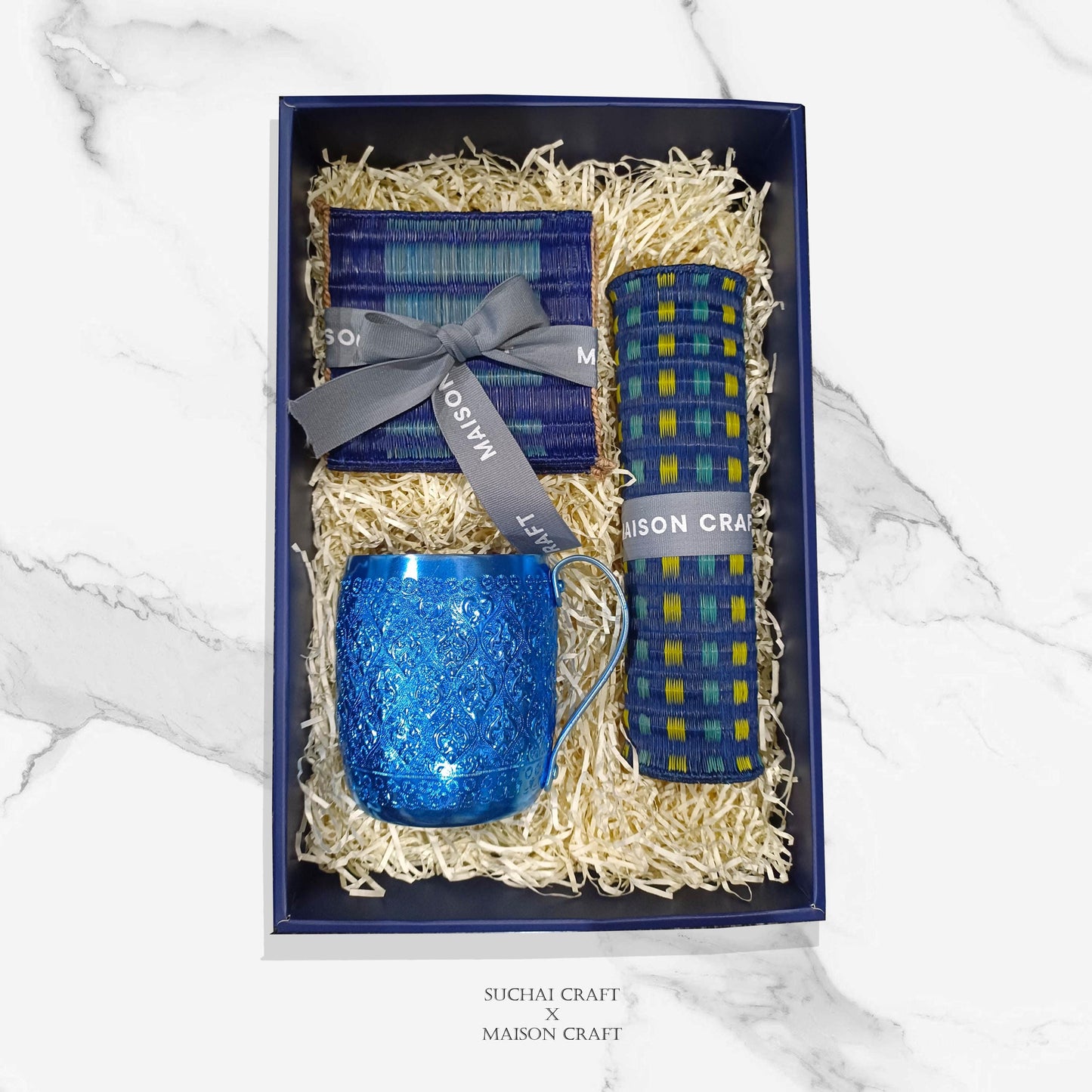 Gift set of 1/ 3 Handwoven placemat 12.5x8.6 inches table set - navy