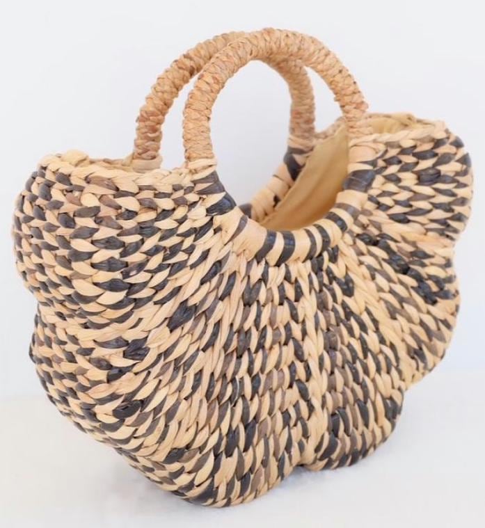Set 1/ 3 PCS Handwoven Flower Scallop Handbag - Small Black & Natural