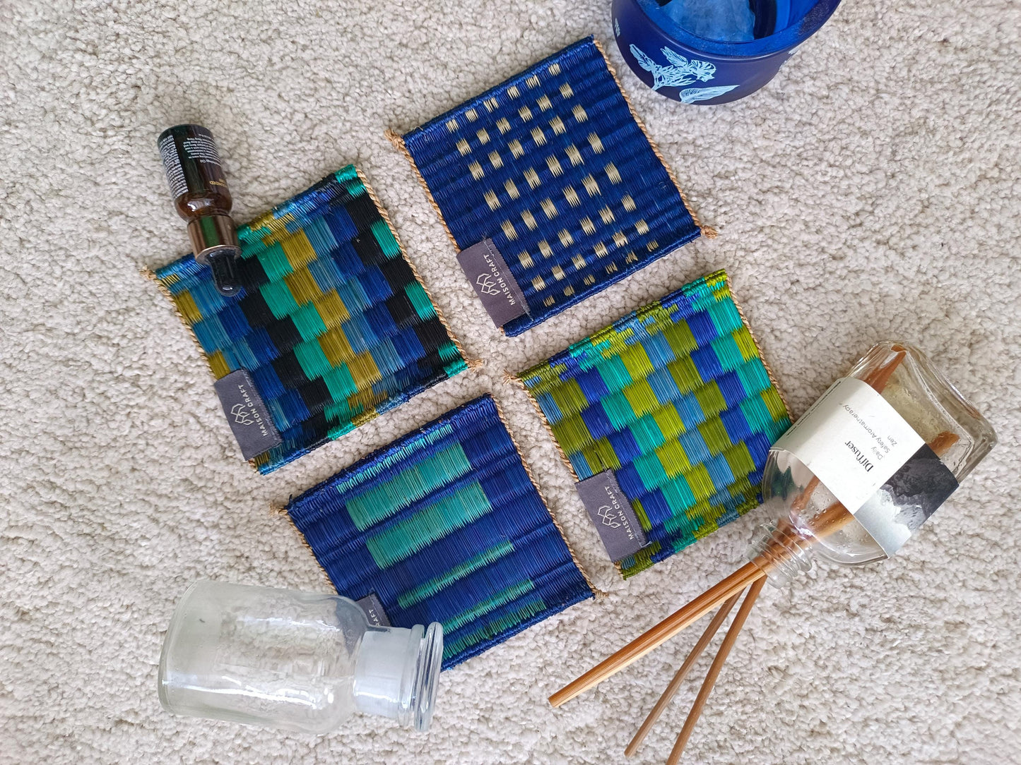 Set of 10/ 40 Pcs Rainbow navy blue Handwoven Coaster 4"x4"