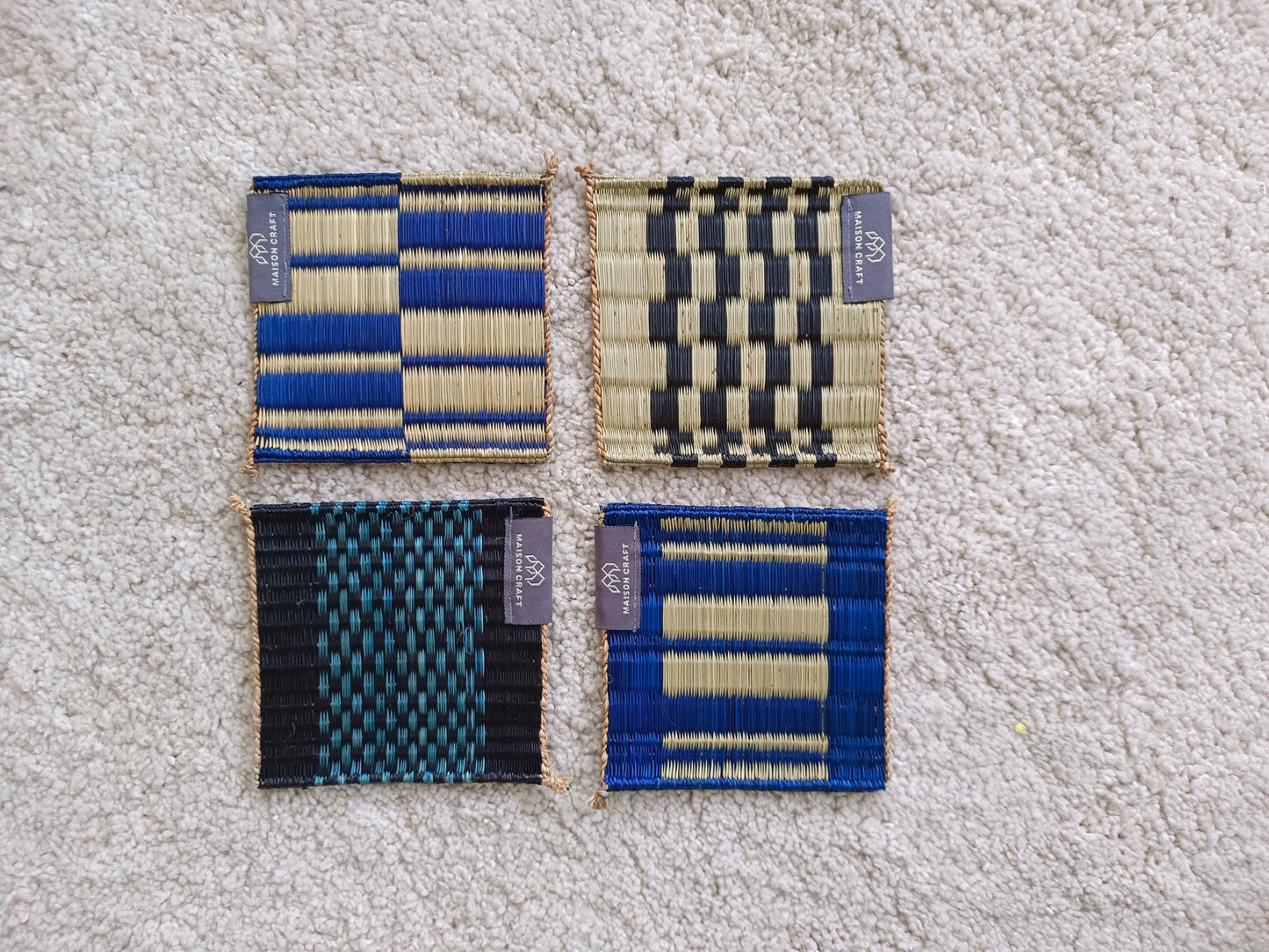 Set of 10/ 40 Navy white HandwovenCoaster 4"x4"- Stripe