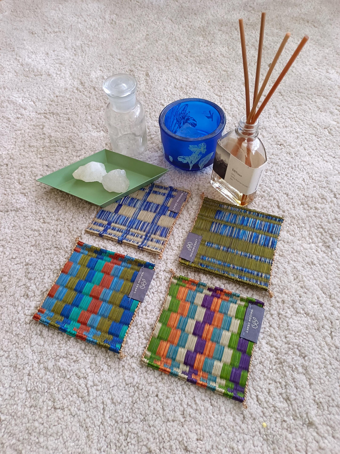 Coaster set of 10/ 40 Pcs Emerald navy Handwoven Stripe