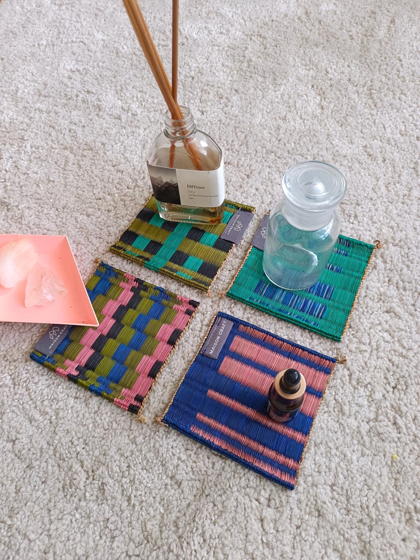 Set of 10/ 40 Pink turqouise Handwoven Coaster 4"x4"