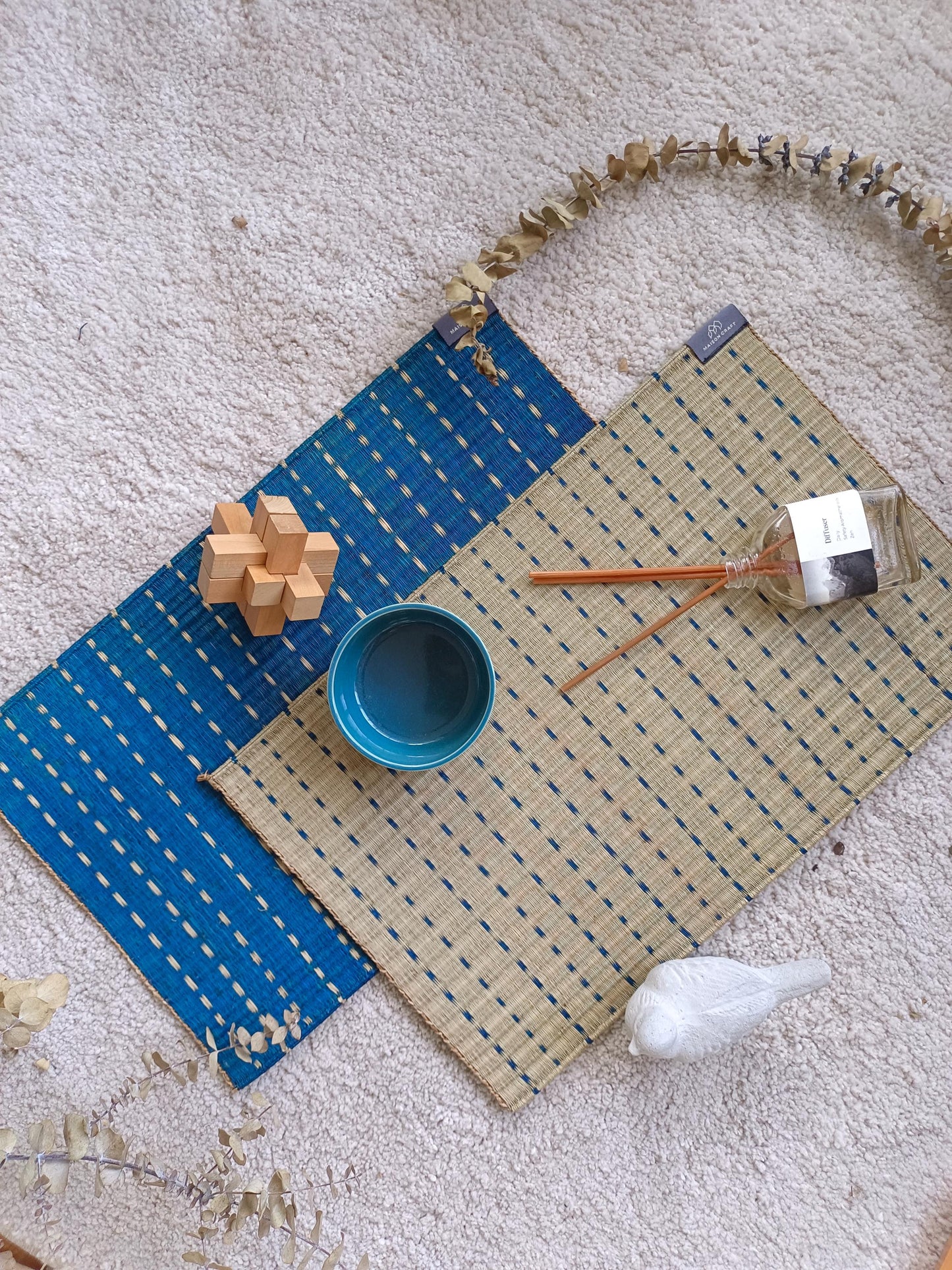 Wholesale set of 2/ 12 Rainy navy white Handwoven Eco-Friendly Woven Placemat - Midnight Stripe Rain 11.8x17.7 inches