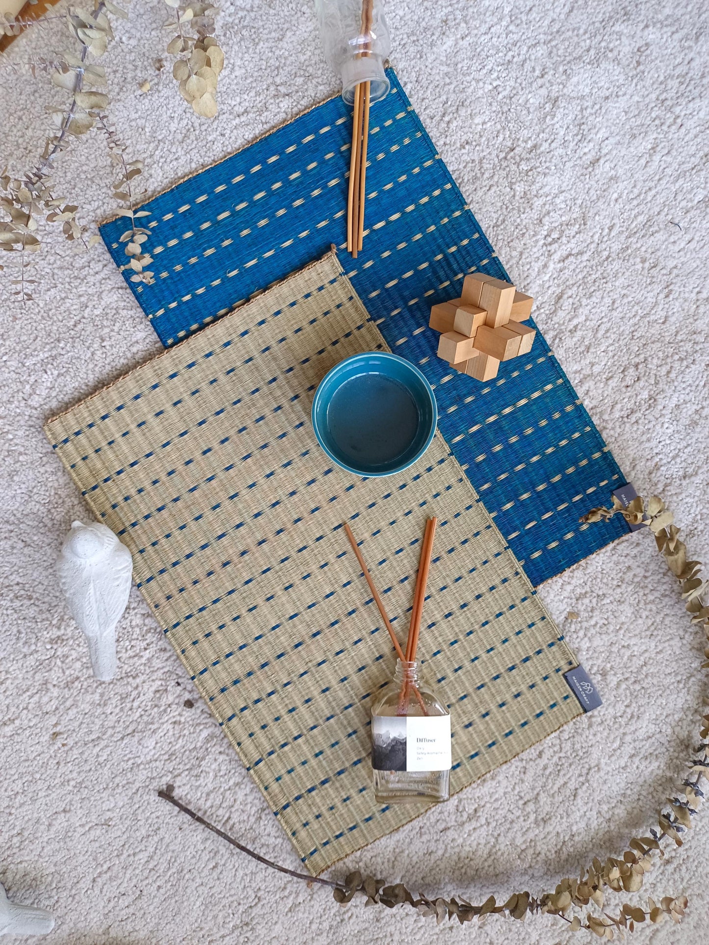Wholesale set of 2/ 12 Rainy navy white Handwoven Eco-Friendly Woven Placemat - Midnight Stripe Rain 11.8x17.7 inches