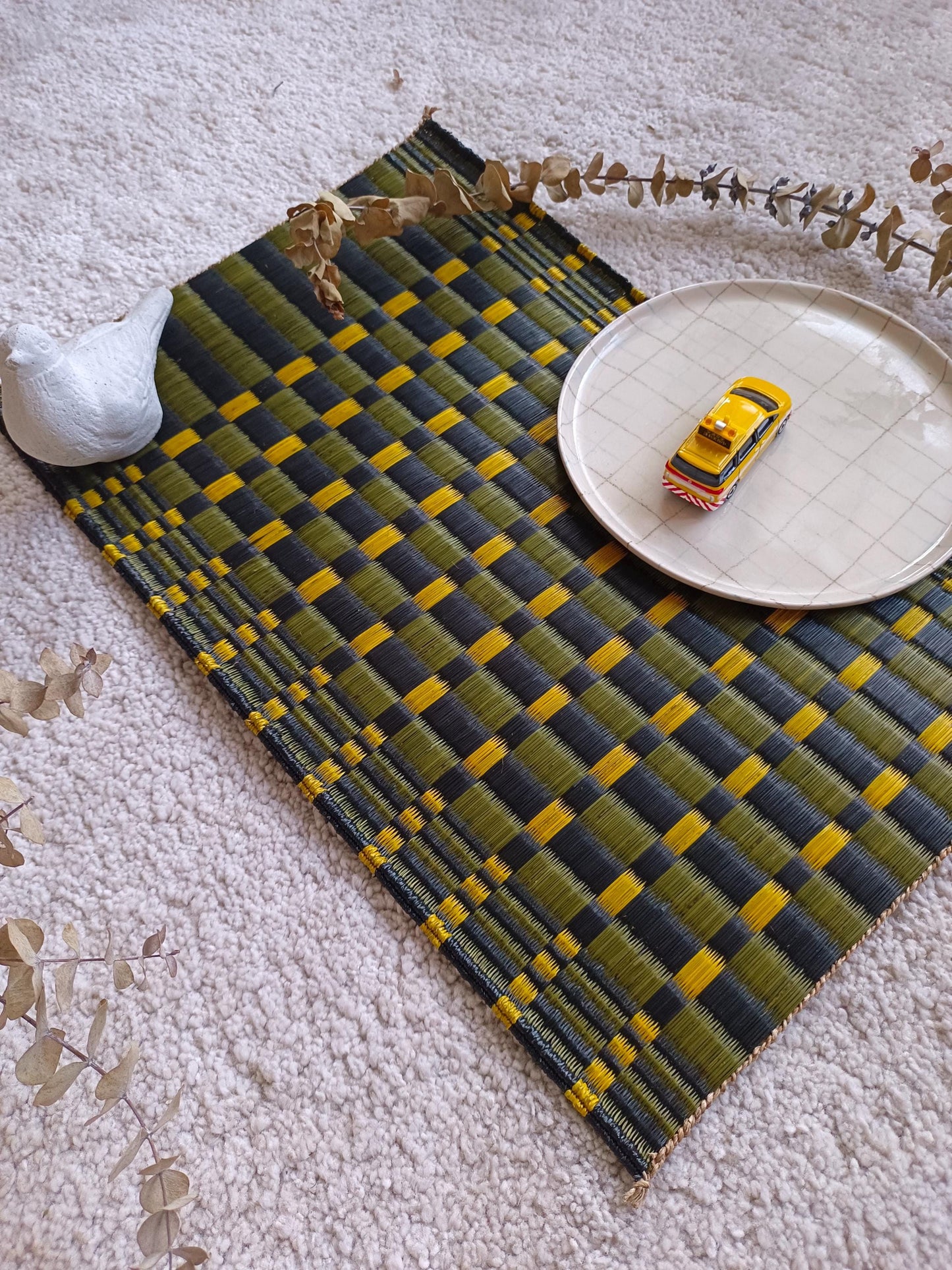 Wholesale set of 2/ 12 Checkered black yellow Handwoven Eco-Friendly Woven Placemat - Midnight Stripe Rain 11.8x17.7 inches