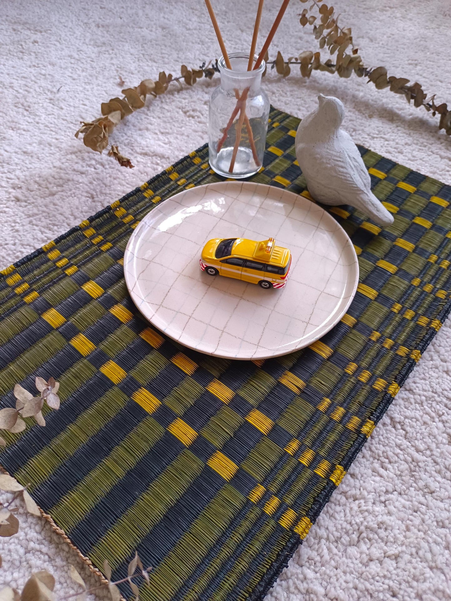 Wholesale set of 2/ 12 Checkered black yellow Handwoven Eco-Friendly Woven Placemat - Midnight Stripe Rain 11.8x17.7 inches