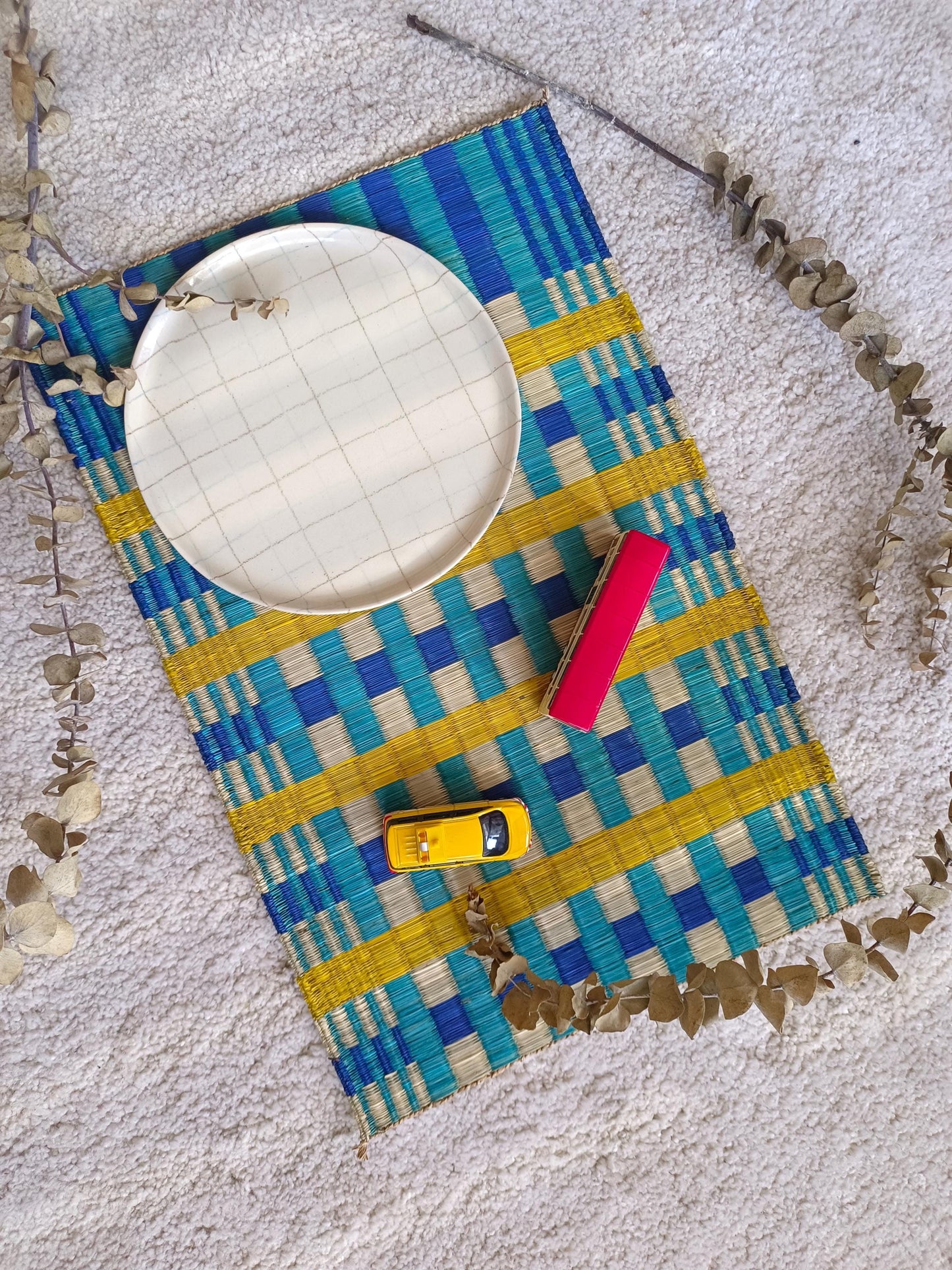 Wholesale set of 2/ 12 Checkered Navy yellow Handwoven Eco-Friendly Woven Placemat - Midnight Stripe Rain 11.8x17.7 inches