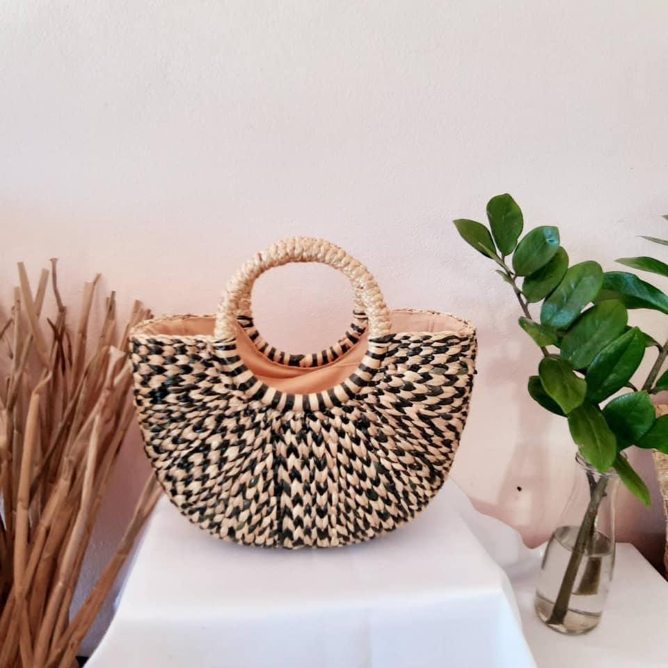 Set 1/ 3 PCS- Black Handwoven Beach Hemisphere Travel Handbag