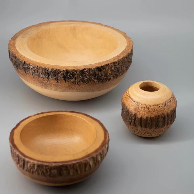 Set 1/ 3 PCS Natural Handmade Mango carved 3inch small vase- rough rustic industrial camping living- Orange Shape