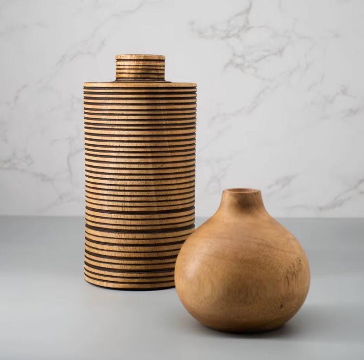 Set 1/ 3PCS Mango carved 8x3 inch tall vase - zen wabisabi living - African Style