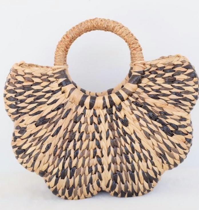 Set 1/ 3 PCS Handwoven Flower Scallop Handbag - Small Black & Natural