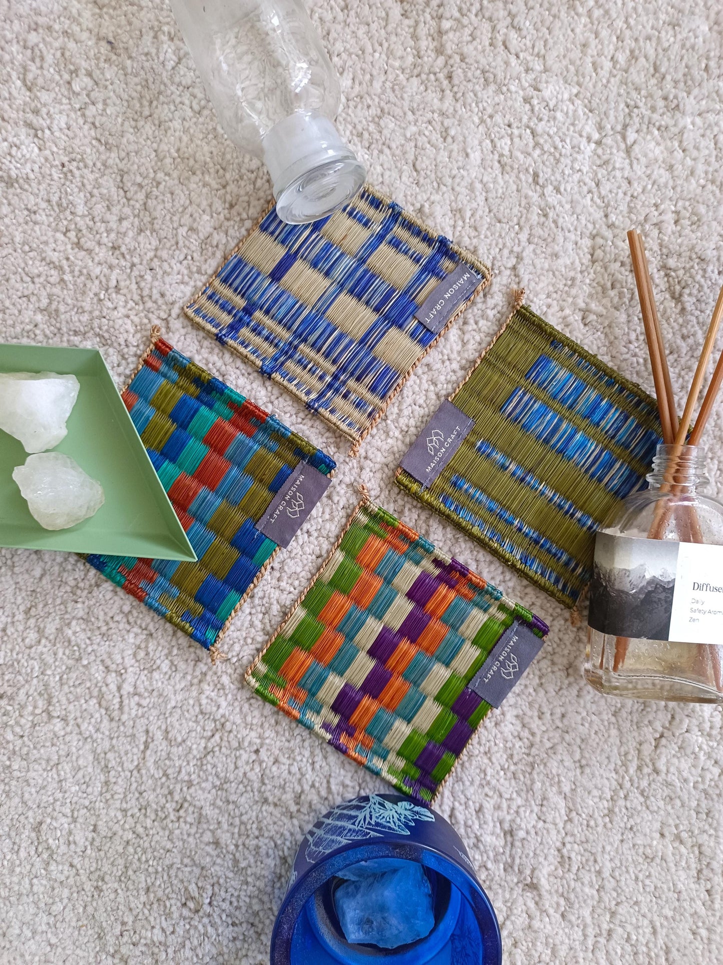 Coaster set of 10/ 40 Pcs Emerald navy Handwoven Stripe