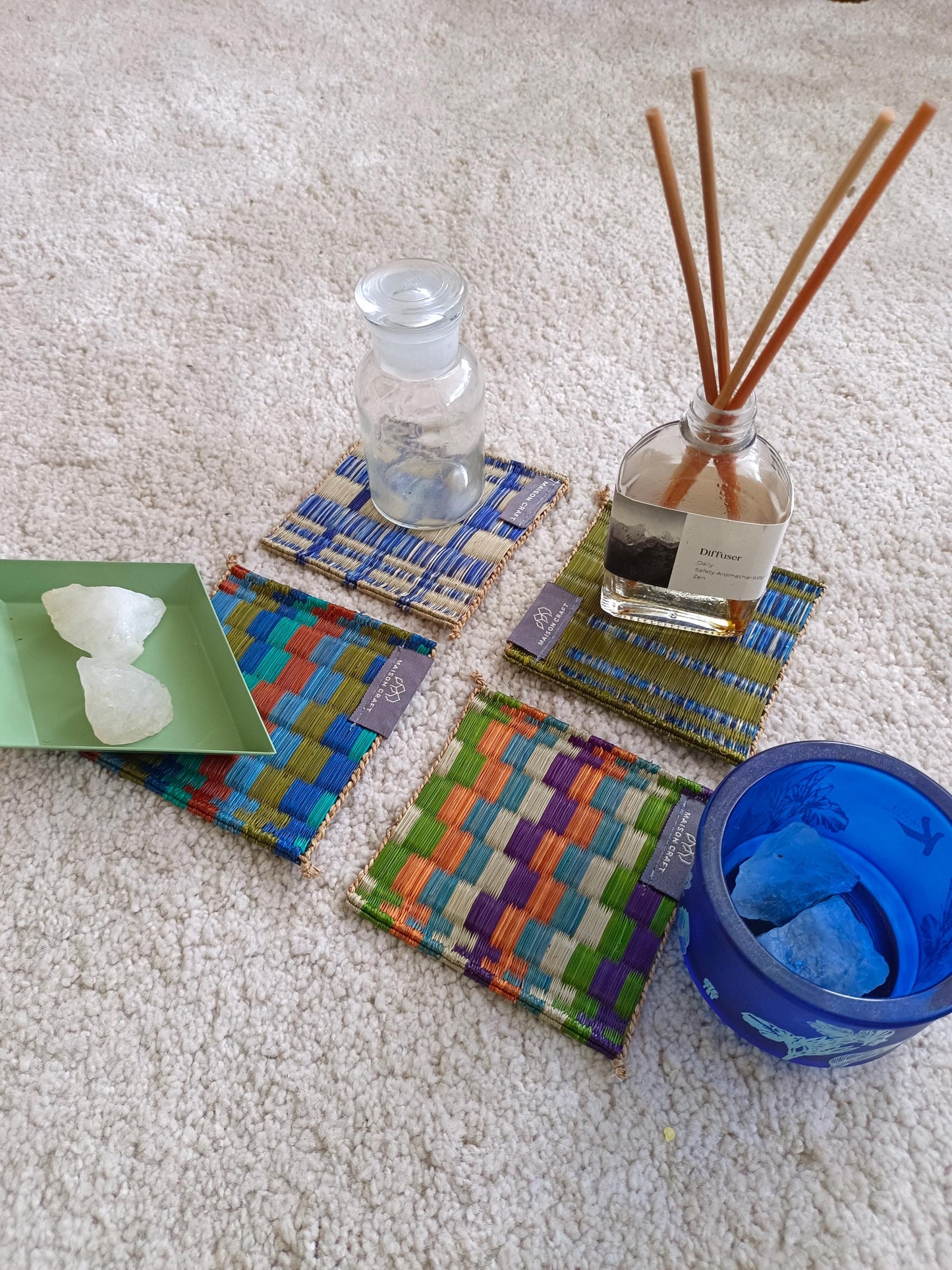 Coaster set of 10/ 40 Pcs Emerald navy Handwoven Stripe
