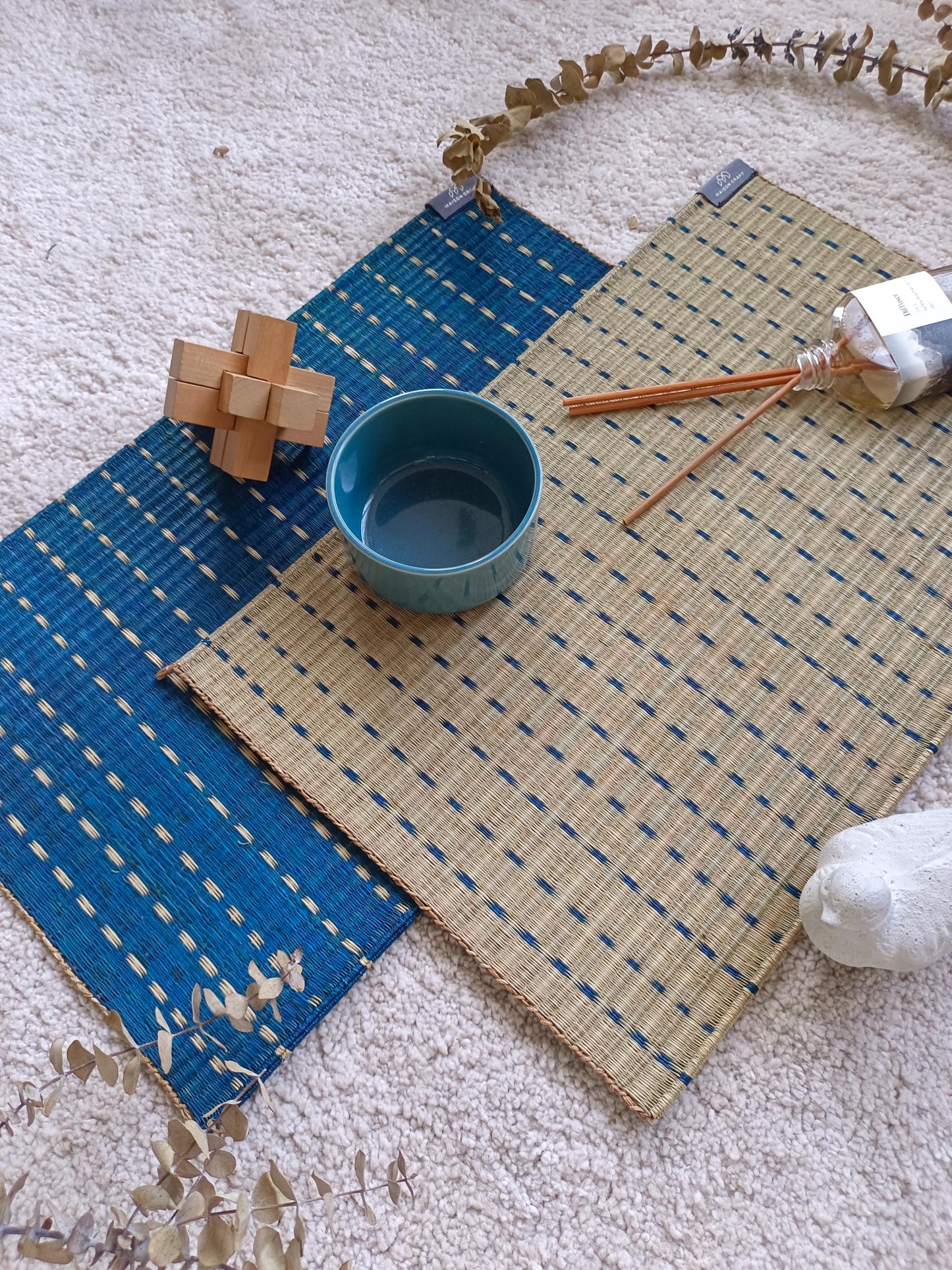 Wholesale set of 2/ 12 Rainy navy white Handwoven Eco-Friendly Woven Placemat - Midnight Stripe Rain 11.8x17.7 inches