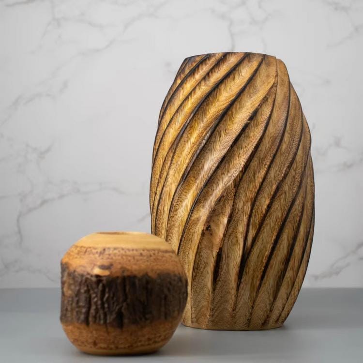Set 1/ 3 PCS Natural Handmade Mango carved 12" tall vase- zen wabisabi living