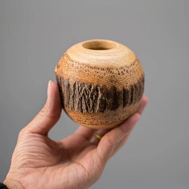 Set 1/ 3 PCS Natural Handmade Mango carved 3inch small vase- rough rustic industrial camping living- Orange Shape