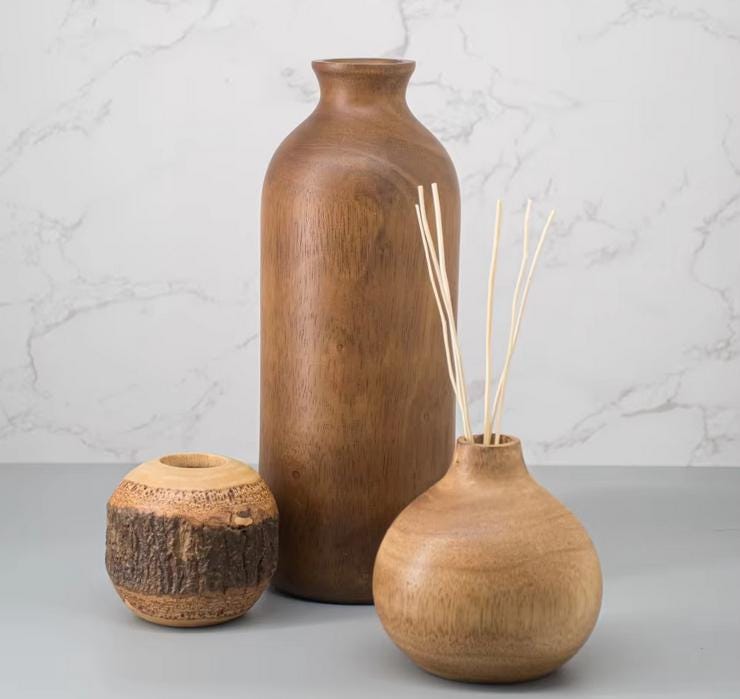 Set 1/ 3PCS Mango carved 10x3inch tall vase - zen wabisabi living - Milk Bottle Shape