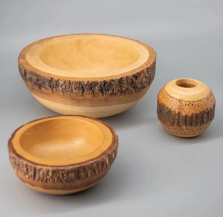 Set 1/3 PCS Mango carved Bowl 8inch - Home Decor zen wabisabi living