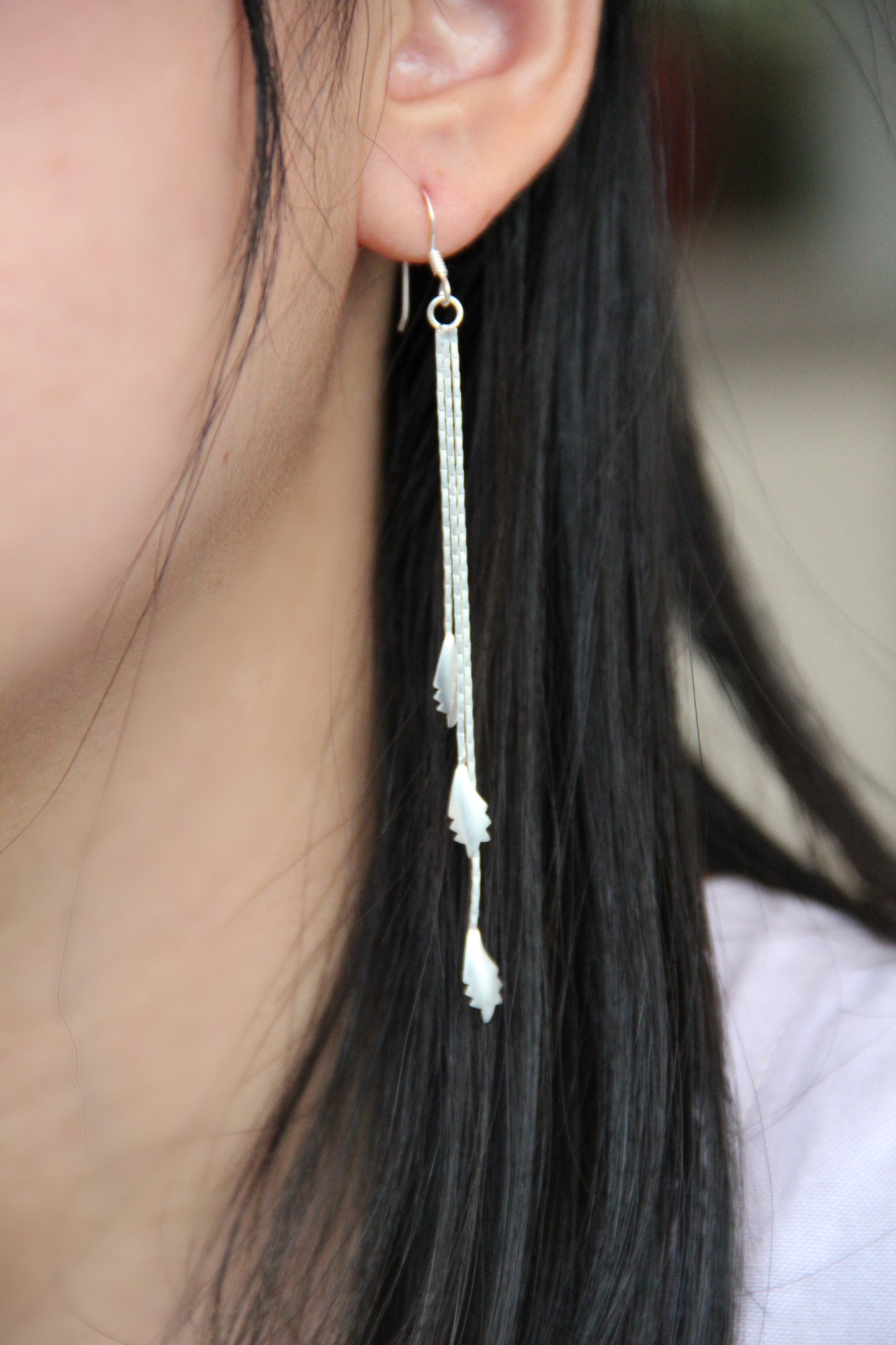 set 1/3 Botanical Silver Leaf Branch Forest Zen Earrings Dangle Thread Jewelry Branch Chandelier Wedding Long Line