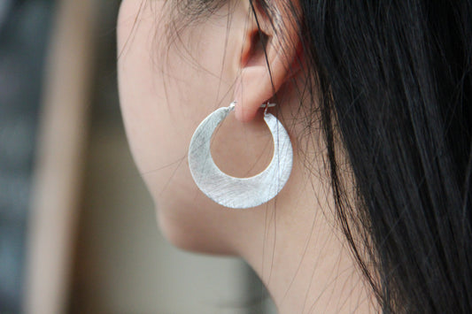 Set 1/ 3 pcs Hoop Silver Hammered Full Moon Earring Thread Earring