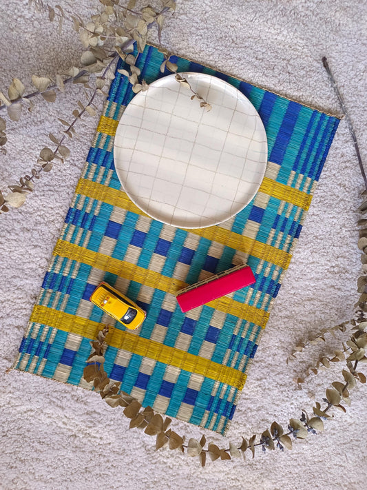 Wholesale set of 2/ 12 Checkered Navy yellow Handwoven Eco-Friendly Woven Placemat - Midnight Stripe Rain 11.8x17.7 inches
