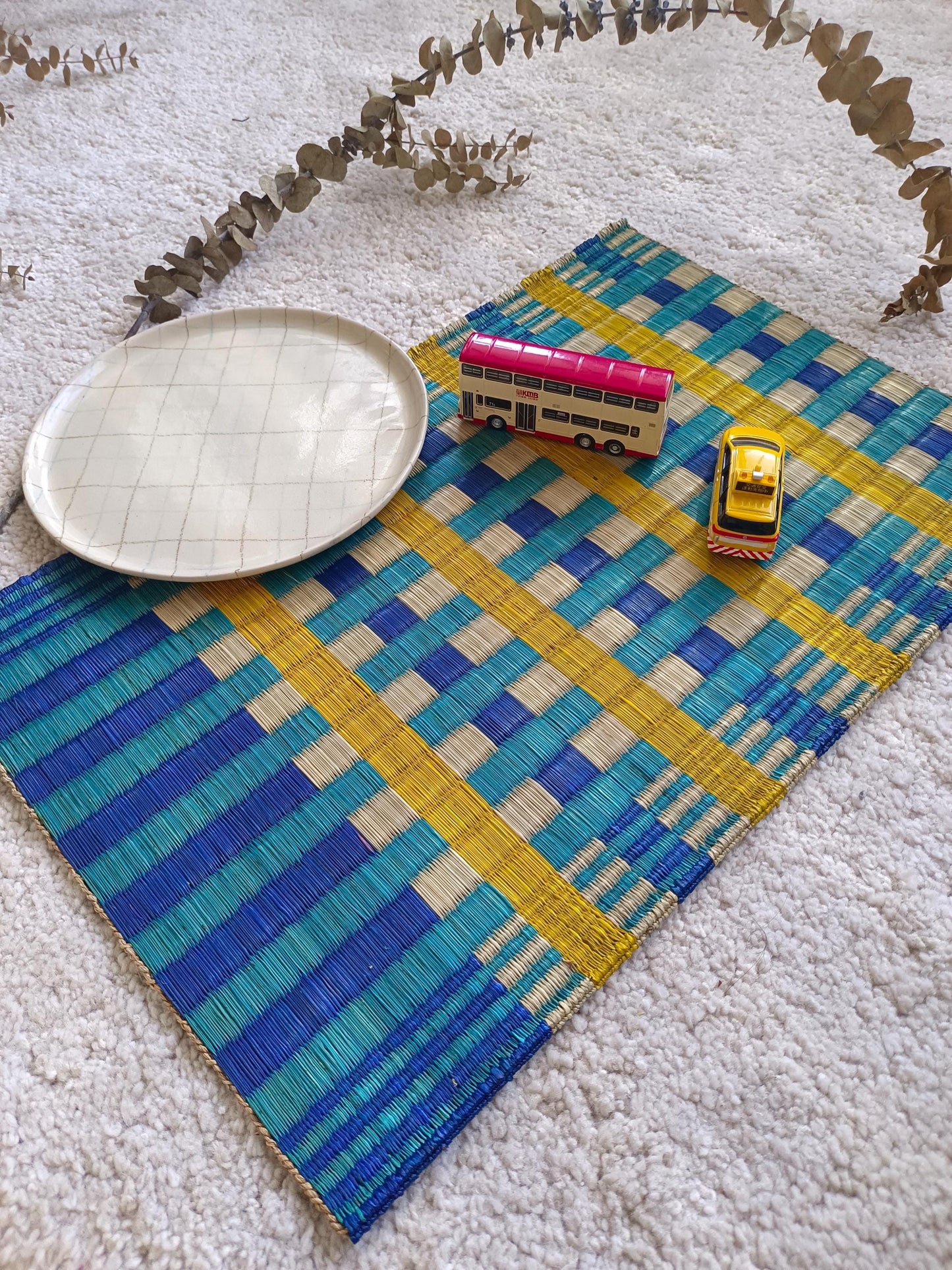 Wholesale set of 2/ 12 Checkered Navy yellow Handwoven Eco-Friendly Woven Placemat - Midnight Stripe Rain 11.8x17.7 inches