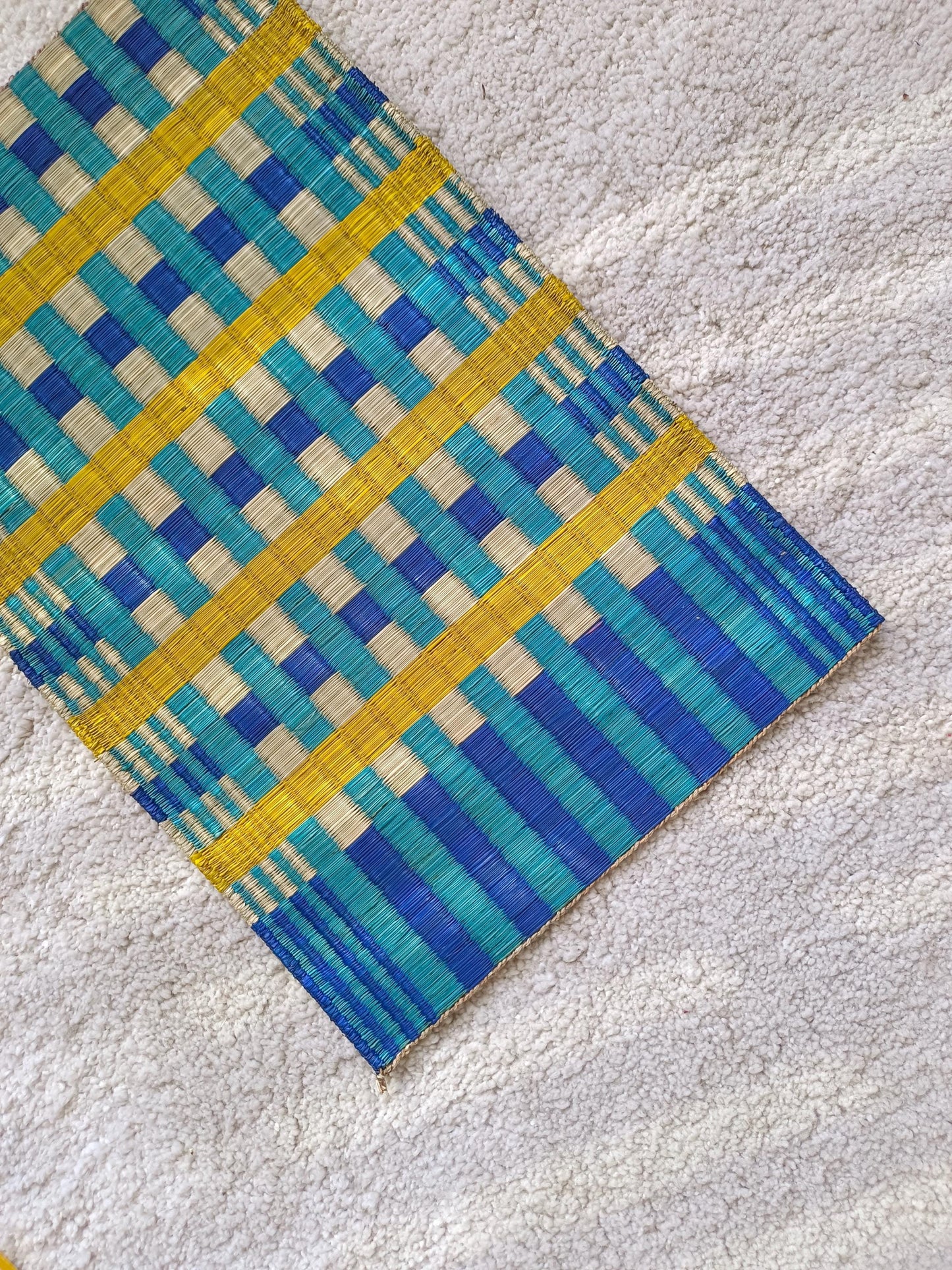 Wholesale set of 2/ 12 Checkered Navy yellow Handwoven Eco-Friendly Woven Placemat - Midnight Stripe Rain 11.8x17.7 inches